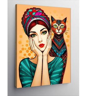 Kanvas Tablo Desenli Kadın Ve Kedi