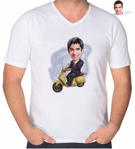 BK Gift Kişiye Özel Erkek Motorcu Karikatürlü V Yaka Tişört-3 (Beyaz)