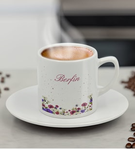 BK Gift Kişiye Özel İsimli Çiçek Tasarımlı Türk Kahvesi Fincanı-10, Arkadaşa Hediye, Sevgiliye Hediye, Doğum Günü Hediyesi