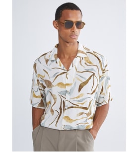 LCW Vision Bej Regular Fit Resort Yaka Kısa Kollu Desenli Poplin Erkek Gömlek