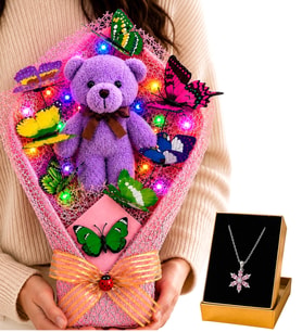 Renkli LED Işıklı Peluş Ayıcık Buketi ve Pembe Ametist Taşlı Lotus Kolye Sevgiliye Kadına Hediye Seti