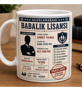 Kişiye Özel Babalık Lisansı Kupa Bardak İsme Özel Beyaz Seramik Kupa 330 ml Kahve ve Çay Kupası