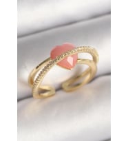 Pirinç Gold Renk Pembe Kristal Kalp Model Zirkon Taş Detaylı Kadın Yüzük 5886