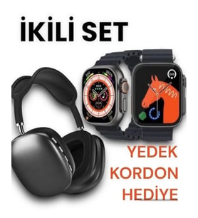 P9 Pro Kulaklık Yüksek ses Smart Watch T800 Ultra Akıllı Saat 2 li Set Kordon hediyeli Arama Spor (Siyah)