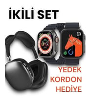 P9 Pro Kulaklık Yüksek ses Smart Watch T800 Ultra Akıllı Saat 2 li Set Kordon hediyeli Arama Spor (Siyah)
