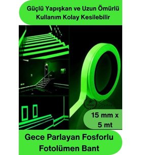 #FosforluBant Gece Parlayan Fosforlu Fotolümen Bant 15mm x 5 Metre Kendinden Yapışkanlı Acil Çıkış Y