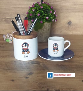 Tatlı Penguen Hediyeleri Türk Kahvesi Fincanı Kırmızı, Kalemlik Kişiye Özel Hediye (Model 2)