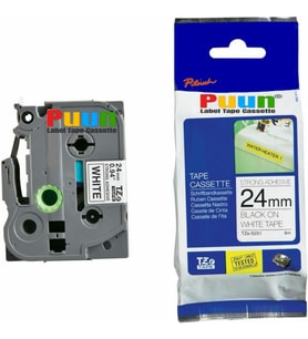 PUUN®Brother P-Touch TZE-S251 24MM x 8m Güçlü Yapışkanlı Beyaz Üzerine Siyah Muadil Laminasyon Etiket Şeridi (Çok Renkli)