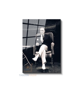 Dikey Cam Tablo Salon Duvar Tablo Dikey Cam Siyah Beyaz Ataturk Kahve Icerken Ev Hediyesi Ofis Tablo