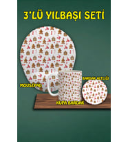 Yılbaşı Temalı 3'lü Bilek Destekli Mousepad Kupa Ve Bardak Altlığı Seti