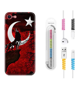 Apple iPhone 5 6 7 8 Plus Se XR Kılıf Kablo Koruma Spiral Silikon Wolf and Moon 2 1381