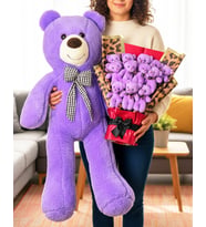 Hediye Sevgiliye Peluş Ayıcık Buketi Premium 12 Ayıcıklı Leopar Kağıtlı ve 90cm Mor Ayıcık