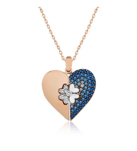 ?Gümüş Rose Kalpli Yonca Bayan Kolye