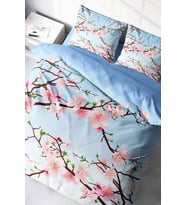 Nevresim Takımı (Lastikli Çarşaflı) Çift Kişilik %100 Pamuk Saten Blue Cherry Blosom