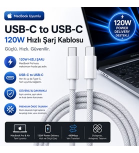 Apple MacBook Uyumlu120W USB-C to USB-C Hızlı Şarj ve Veri Aktarım Kablosu – Hasır Örgülü Dayanıklı Tasarım – 2 Metre
