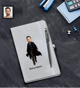 Kişiye Özel Kabadayı Karikatürlü Gri Defter Kalem Hediye Seti Bay-2