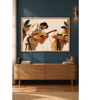 Gitar Ustası Atölyede Sap ve Tel Ahşap Çerçeveli Duvar Tablosu