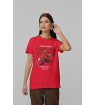 Unisex Erkek/Kadın CHERRIES Özel Baskılı Oversize Pamuklu Bisiklet Yaka T-Shirt (Kırmızı)