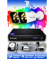 PICAM 2 Kameralı Kare 2 Dış Kamera Set 1 TB HDD Full HD Renkli Gece Görüşlü Güvenlik Kamerası Sistemi