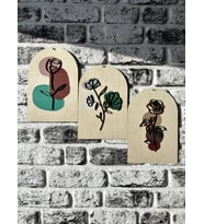 Ahşap Retro Çiçekli Duvar Tablosu 3'lü Set