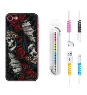 Apple iPhone 5 6 7 8 Plus Se XR Kılıf Kablo Koruma Spiral Silikon Skull Rose 1673
