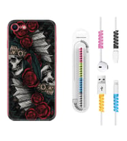 Apple iPhone 5 6 7 8 Plus Se XR Kılıf Kablo Koruma Spiral Silikon Skull Rose 1673