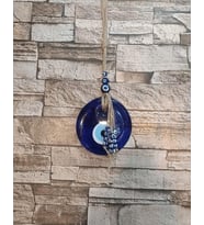 Nazarlık Cam Duvar Ağaç Balkon Teras Cafe Dekor Süsü Hasır Renkli Ahşap Boncuklu Nazar Boncuğu Duvar Süsü