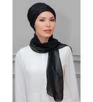 Siyah Pratik Hazır Geçmeli Tesettür Bone Fukuro Piliseli Örgülü Şifon Atkılı 1825A_01