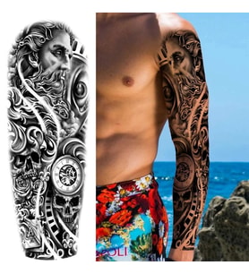 Geçici Dövme Büyük Boy Tam Kol Kaplama - Poseidon Mitoloji ve Kurukafa Desenli Su Geçirmez Dövme