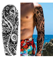 Geçici Dövme Büyük Boy Tam Kol Kaplama - Poseidon Mitoloji ve Kurukafa Desenli Su Geçirmez Dövme