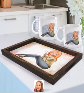 BK Gift Kişiye Özel Kadın Karikatürlü Doğal Ahşap Tepsi ve 2’li Kupa Bardak Seti-102