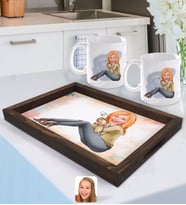 BK Gift Kişiye Özel Kadın Karikatürlü Doğal Ahşap Tepsi ve 2’li Kupa Bardak Seti-102