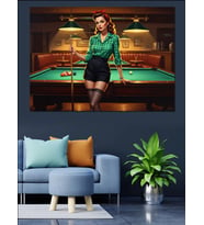 Bilardo Masasında Pin-Up Kadın Portresi Dekoratif Kanvas - Mdf Ahşap Tablo