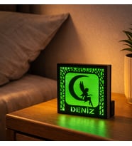 Kişiye Özel İsimli Peri ve Ay Yıldız Temalı Ahşap Gece Lambası (Orman Yeşili)