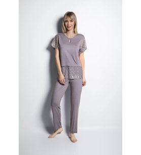 pilelistore Yakası Detaylı Brode Dantelli Pijama Takımı (Gri)