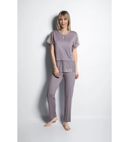 pilelistore Yakası Detaylı Brode Dantelli Pijama Takımı (Gri)