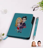 BK Gift Kişiye Özel Sevgililer Karikatürlü Turkuaz Termo Deri Defter Kalem Seti-2