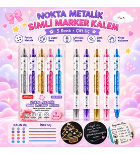 Kawaii 5 Renk Çift Uçlu Metalik Simli Marker Kalem Seti Nokta Uçlu İnce Uçlu Çizim Kalemi