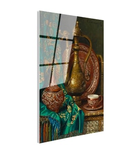 Tamperli Gerçek Cam Tablo Bakır İbrik Ve Kase Oryantalist Ressam Tablosu Duvar Dekoru