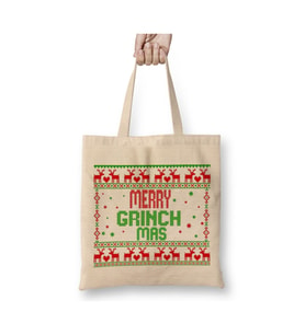 Merry Grinch Mas Christmas Knit Yılbaşı Yeni Yıl Beyaz Bez Çanta Uzun Saplı Alışveriş Çantası