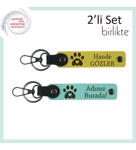 Sevgilinle Ortak Hatıra Olarak Taşınabilecek Anahtarlık, Kalpli Pati Desenli 2'li Set, Sarı-Turkuaz (Çok Renkli)