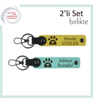 Sevgilinle Ortak Hatıra Olarak Taşınabilecek Anahtarlık, Kalpli Pati Desenli 2'li Set, Sarı-Turkuaz (Çok Renkli)