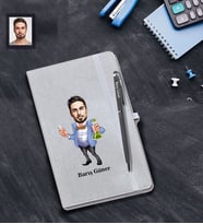 Kişiye Özel Öğretmen Karikatürlü Gri Defter Kalem Hediye Seti  Bay-18