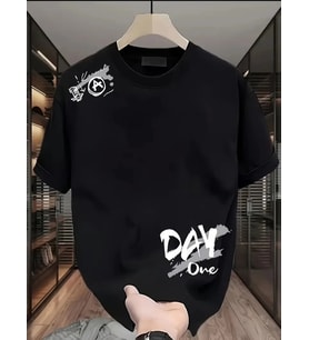 Baskılı Oversize Bisiklet Yaka T-shirt - Siyah