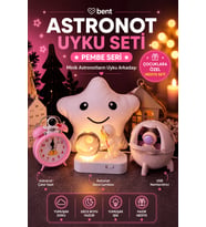 4'lü Astronot Hediye Seti Dönen Kristal Küre Gece Lambası Çocuk Odası Dekorasyon Seti USB Nemlendirici Pilli Saat Yıldız Yastık Pembe Seri
