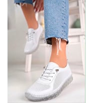 BEREN Hakiki Deri Beyaz Kadın Ayakkabı Lazer Delikli Ortopedik Taban Casual Günlük Yürüyüş Ayakkabısı Sneakers