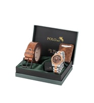 Polo Air Takvimli Erkek Kol Saati Otomatik Cüzdan Kemer Çakmak Seti Rose Gold Gümüş Kahverengi Renk PL-7080E8 (Kahverengi-Beyaz)