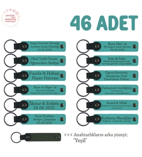 Eğitimciler Günü İçin Üzerinde İsim Yazılı Hatıra Anahtarlık 46’lı Set , Koyu Turkuaz & Yeşil