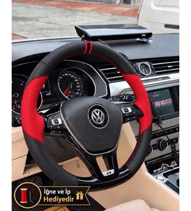 Vw Golf 7 Dikme Direksiyon Kılıfı Parlak Siyah Kırmızı Detaylı Kırmızı Çift Yüzük ve Dikiş 2012-2017