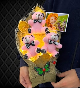 Led Işıklı Fotoğraflı Pembe Ayıcıklı Büyük Boy Peluş Ayıcık Buketi (Model 1)